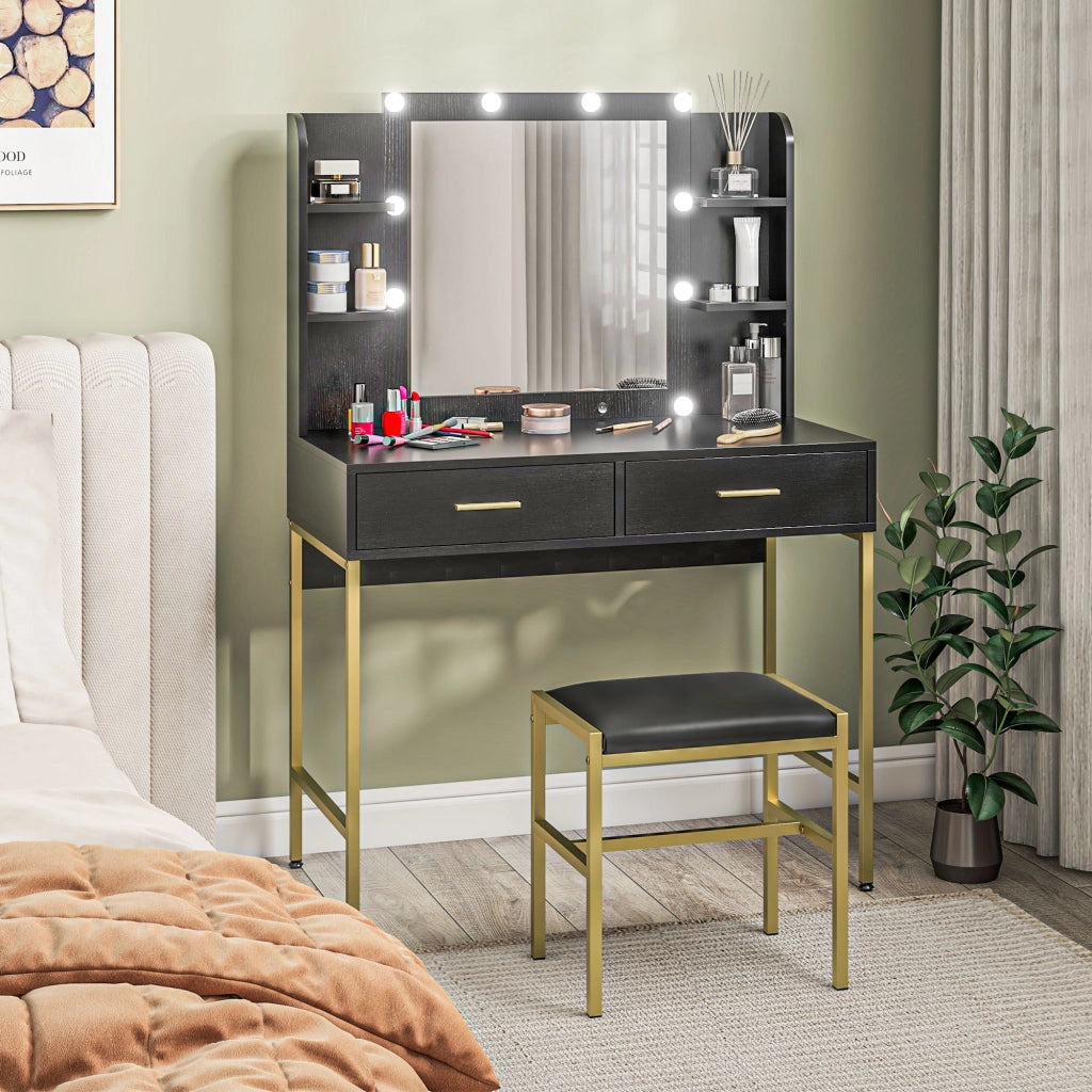 Cassettiera da trucco con specchio e luci, sgabello imbottito ¨C Minimal ¨C nero