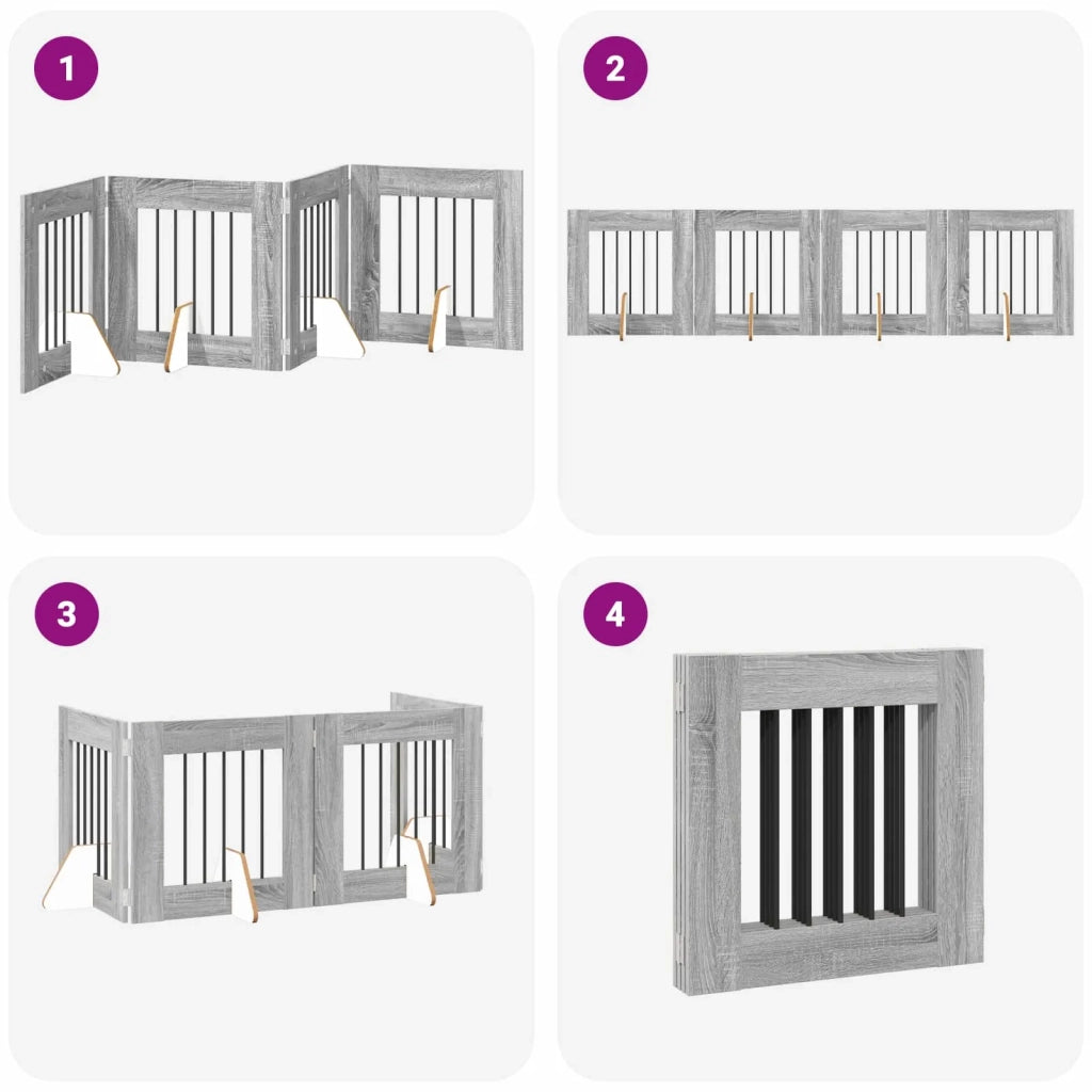 Cancello per cani pieghevole con supporti 4 pz Sonoma grigio 892154
