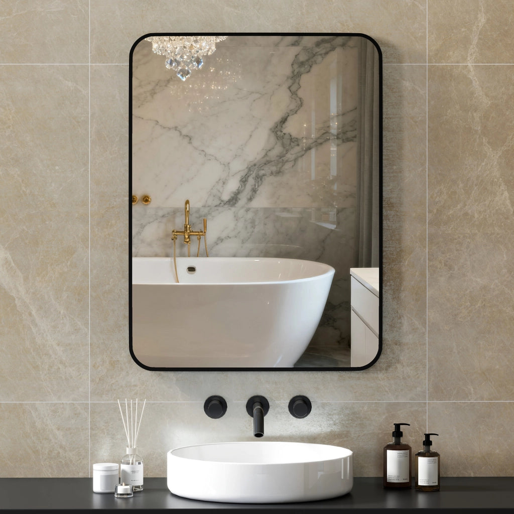 Specchio da Bagno 60x2.5x80 cm con Cornice in Metallo e Gancio Nero