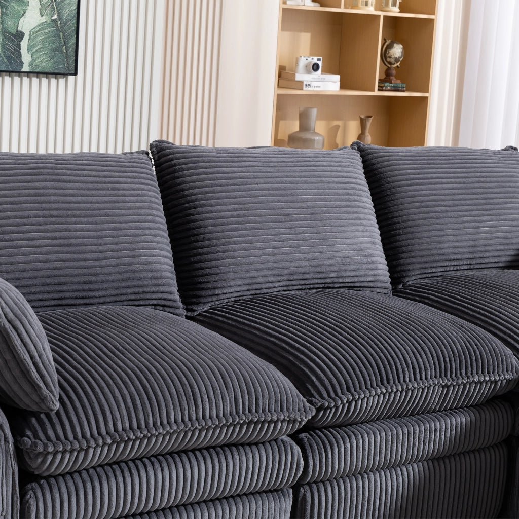 Divano Modulare 4 Posti con 2 Pouf ¨C MINIMAL ¨C Tessuto a Coste, Cuscini, Tasche Laterali, Grigio Scuro