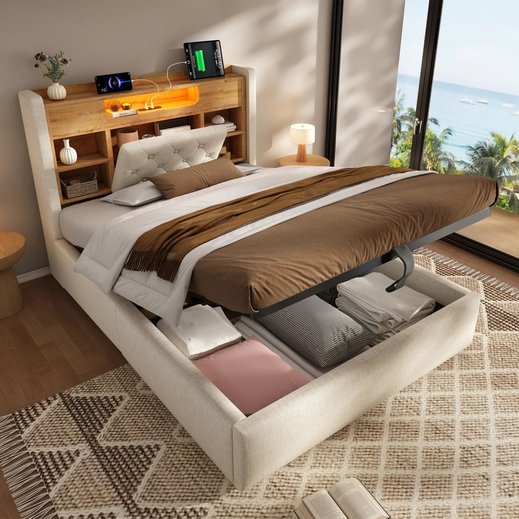 LETTO 90x200 cm in Lino Beige con LED, porte USB e testiera con ripiano
