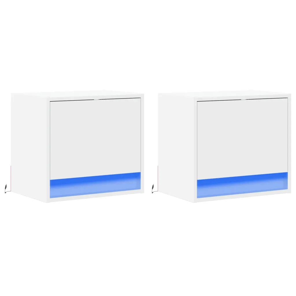 Set di 2 Comodini | Armadio da Notte | Mobiletto da notte a Parete con Luci LED Bianchi