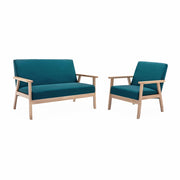 Set panca e poltrona in legno e tessuto, 3 posti, blu smeraldo
