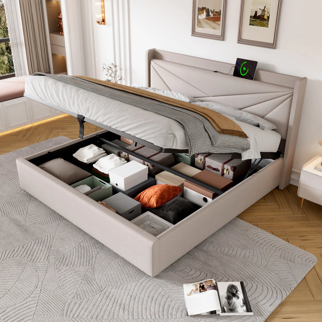 LETTO Contenitore 160x200 cm con USB e USB-C Beige in cotone e lino