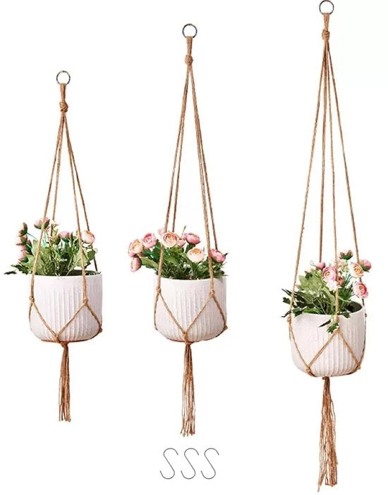 Set di Vasi Macramè - Pendenti per Piante Boho - Confezione da 3 - Cotone - 90/105/120 cm