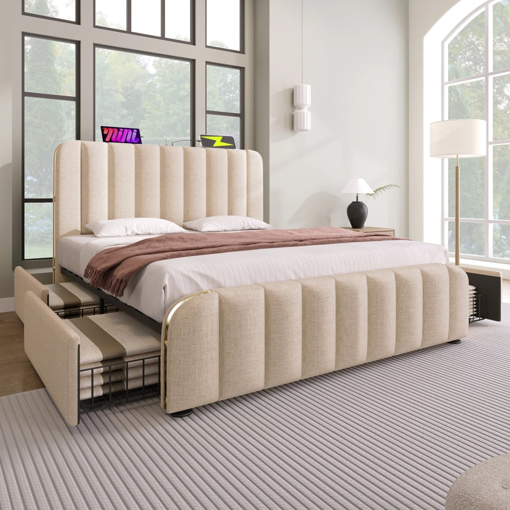 LETTO matrimoniale 140x200 cm in lino beige con USB Type-C e 4 cassetti
