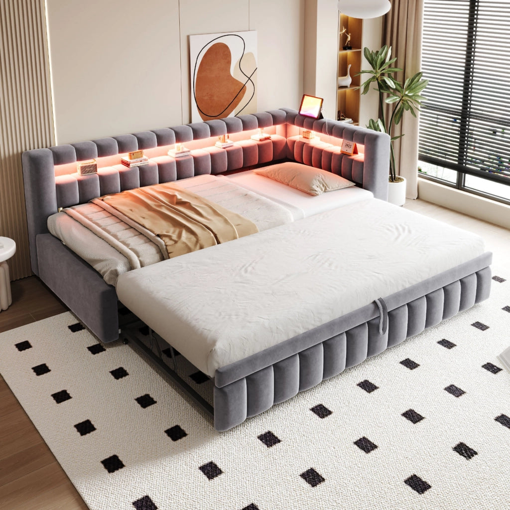 LETTO imbottito estraibile 90x200 cm velluto grigio con LED