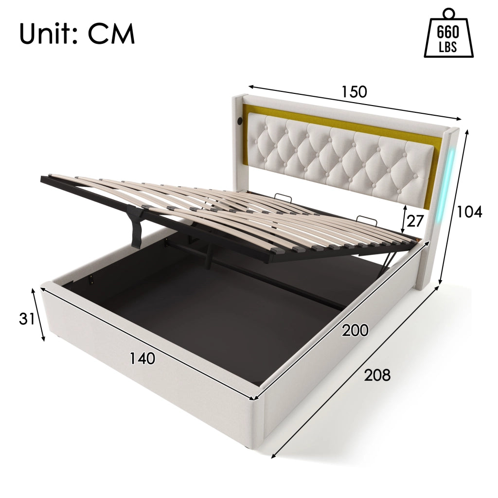LETTO imbottito 140x200 cm Beige con LED, USB+Type C e materasso incluso