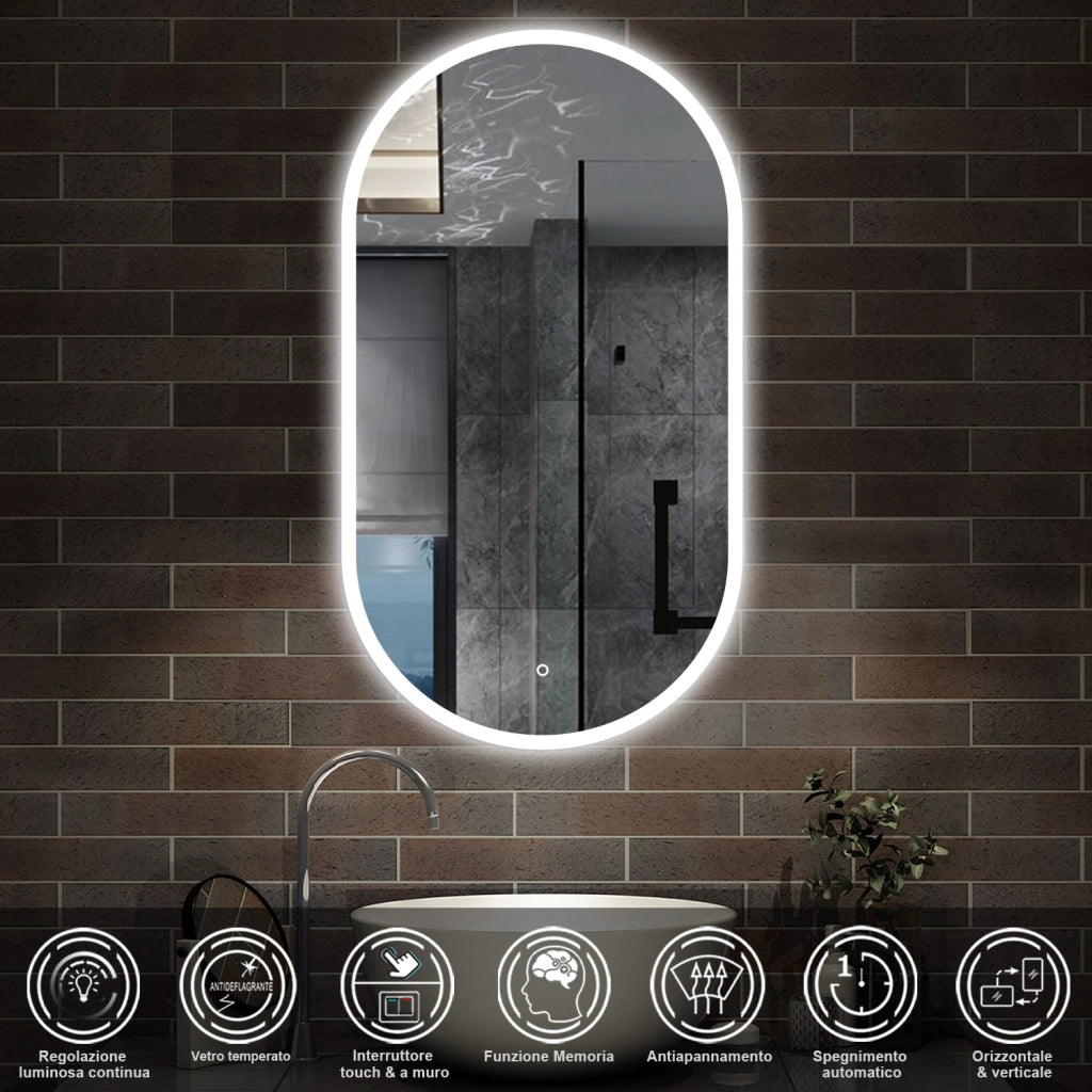 specchio rettangolare 50x90 cm con luce led antiappannamento e touch