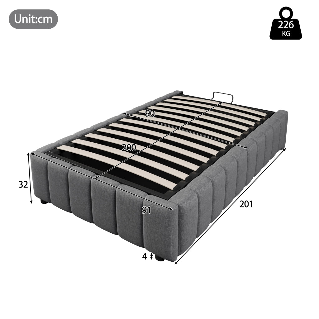 DESMIU Letto Singolo 90 × 200 cm con contenitore idraulico, senza materasso, in lino, grigio