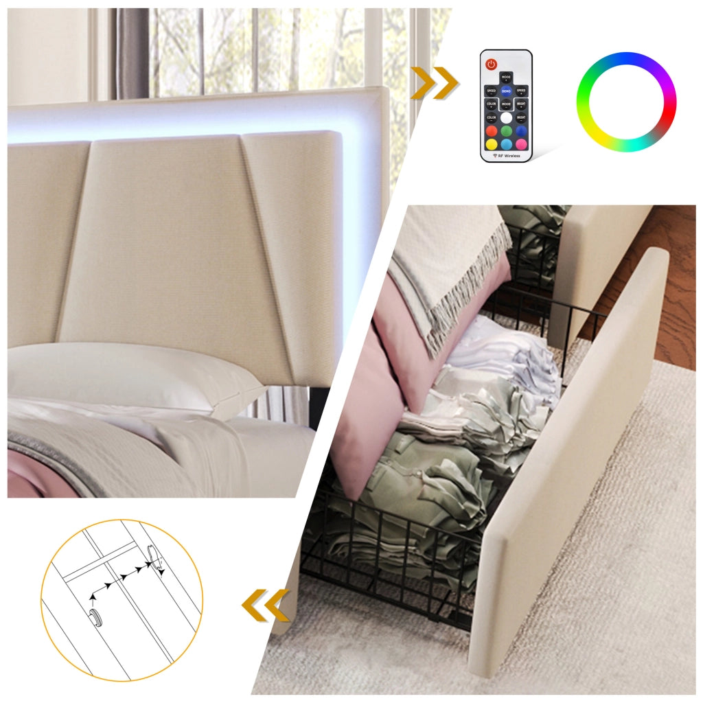 LETTO 90x200 cm Beige con testata regolabile, LED e 2 cassetti