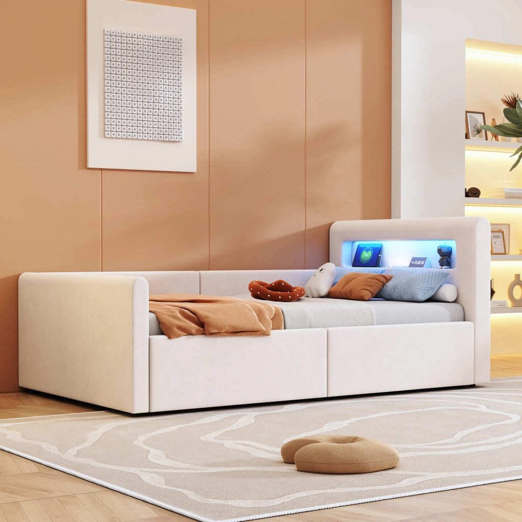 LETTO imbottito per bambini 90x200 cm in velluto beige con LED, USB e contenitore