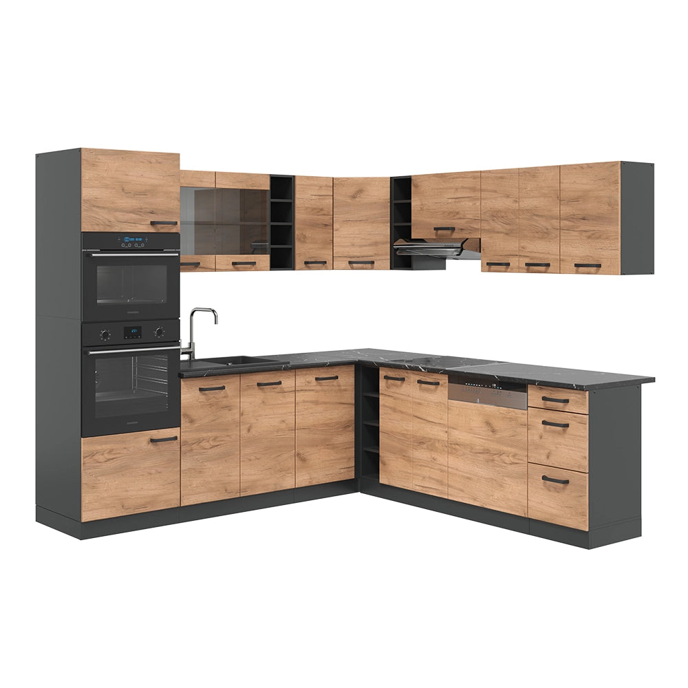 Vicco Cucina angolare completa Quercia dorata/antracite 237 x 60 cm senza piano di lavoro