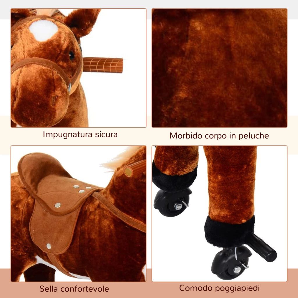 Cavallo a Dondolo Bambini Imbottito con Suoni ¨C Minimal ¨C Marrone 65x28x75