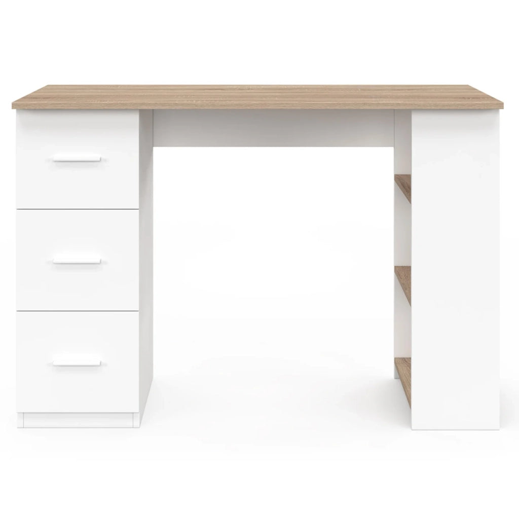 IDMarket - MAE Scrivania dritta a 3 cassetti con ripiani in legno e bianco