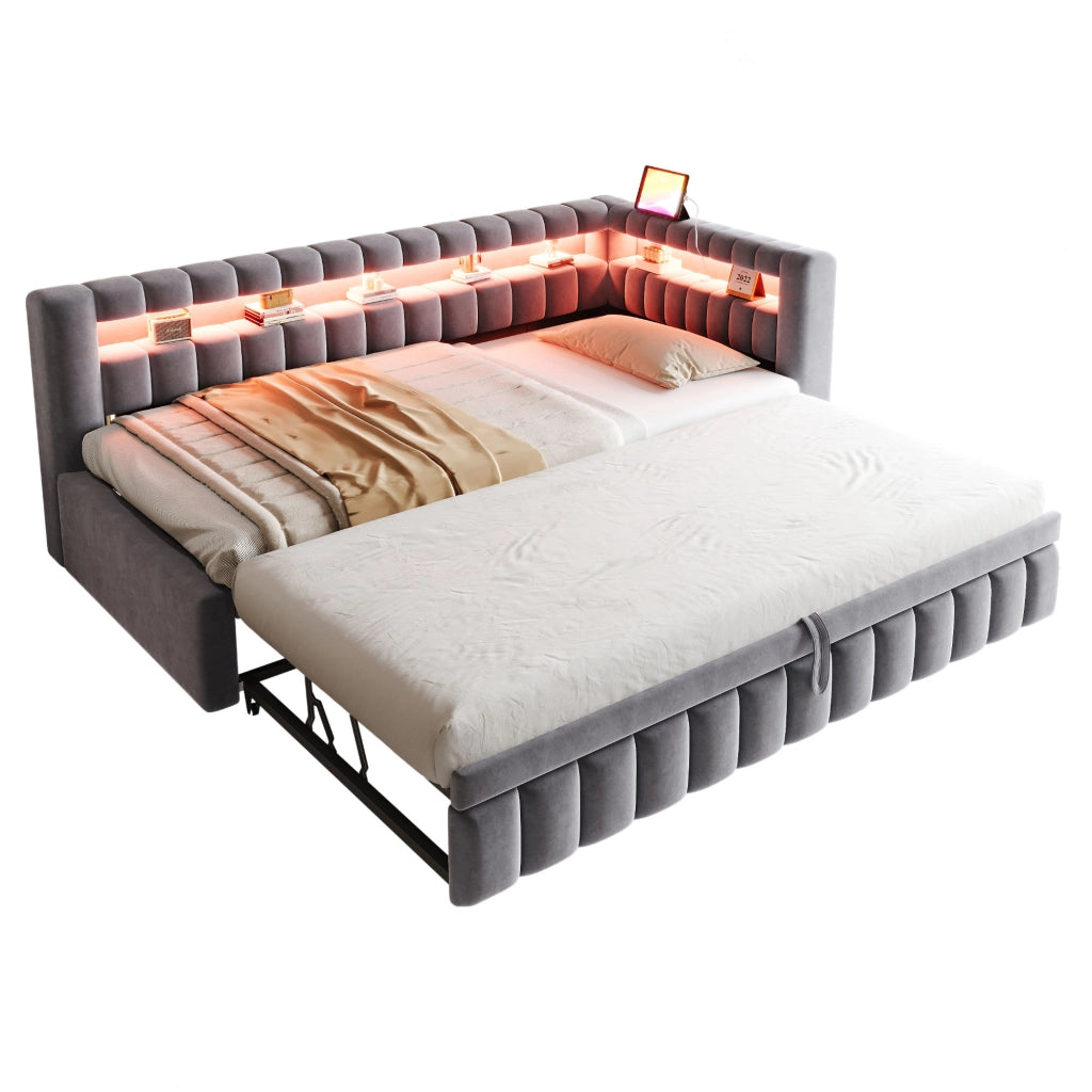 LETTO imbottito estraibile 90x200 cm velluto grigio con LED