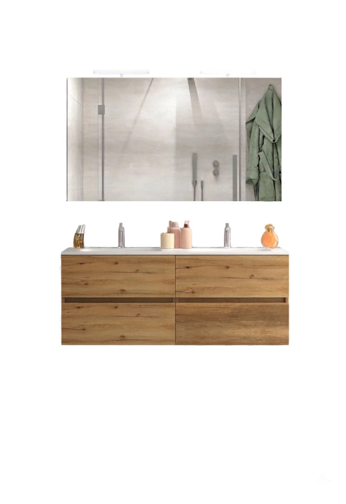 Mobile da Bagno Sospeso con Lavabo 120cm 2 Vasche e Specchio Bali Light Double Rovere Miele