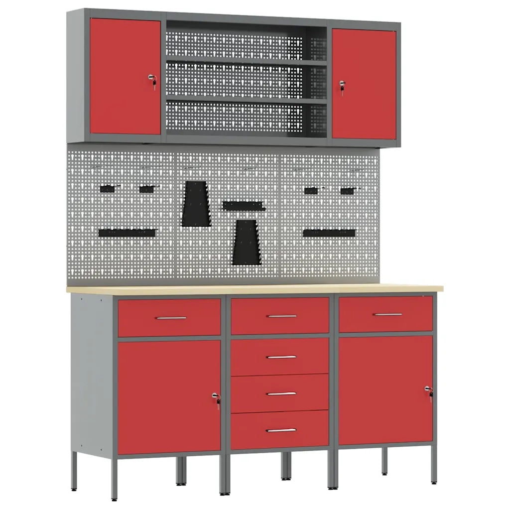 Mobile da lavoro 7 pcs Rosso Legno ingegnerizzato e acciaio 3321443