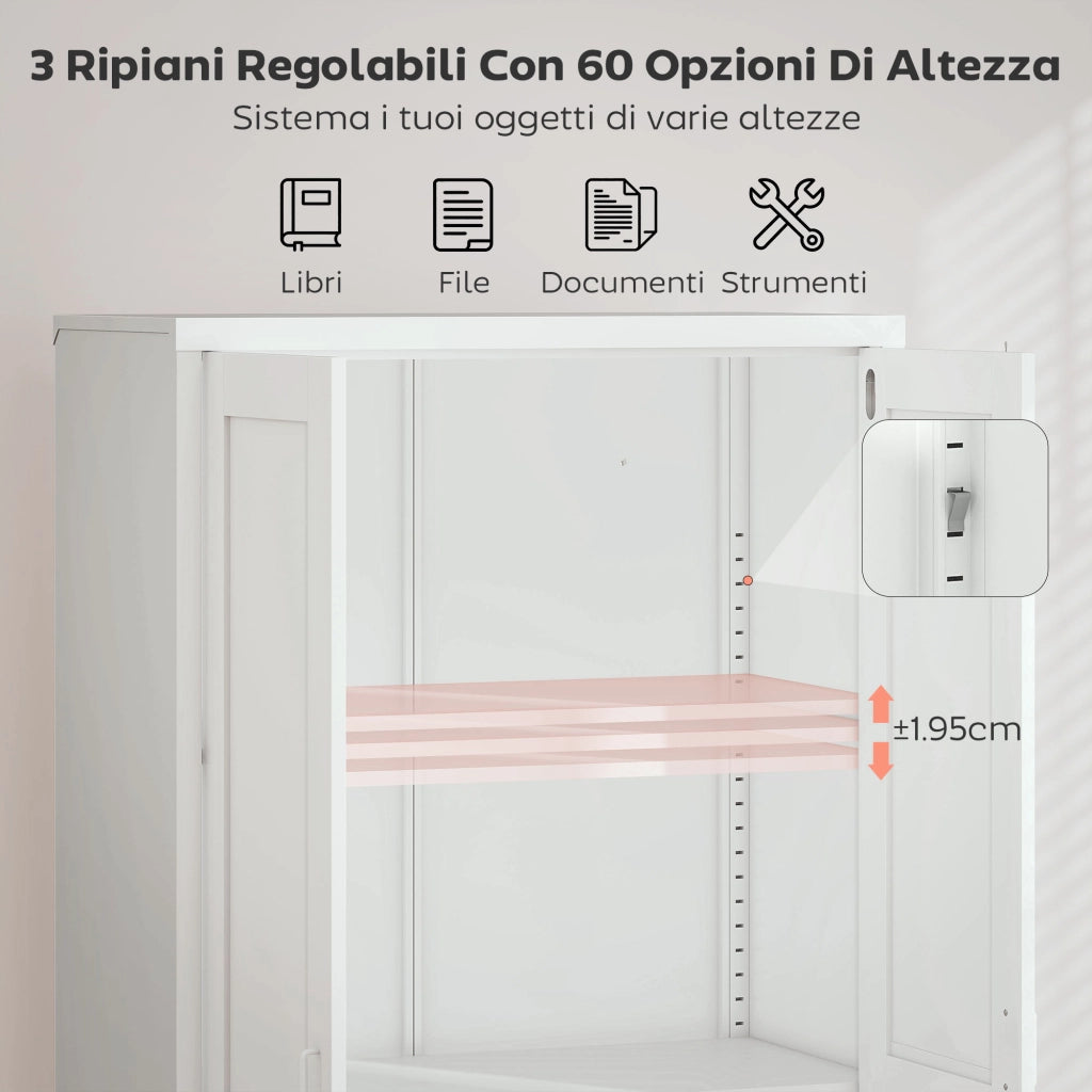 Armadio per Ufficio in Acciaio a 3 Ripiani Regolabili con Serratura e 2 Chiavi, 80x40x175 cm, Bianco