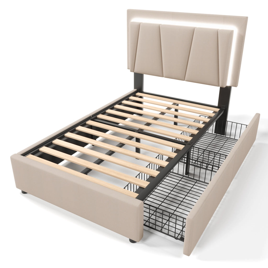 LETTO 90x200 cm Beige con testata regolabile, LED e 2 cassetti