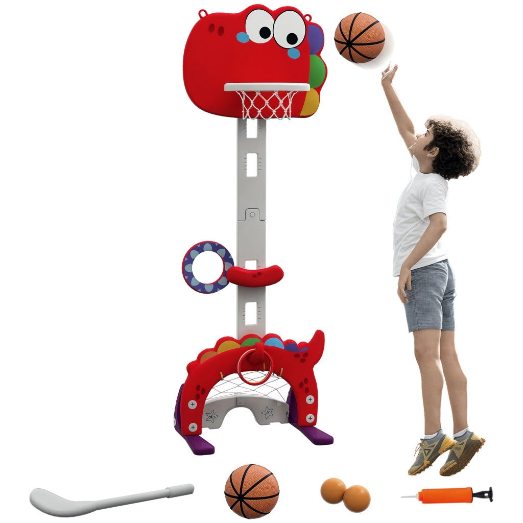 Canestro Basket per Bambini 5 in 1 con Altezza Regolabile, Porta da Calcio e Golf, Et¨¤ 3-6 Anni, Rosso