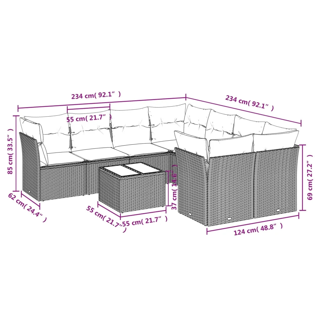 Set Divano da Giardino 9 pz con Cuscini Grigio in Polyrattan