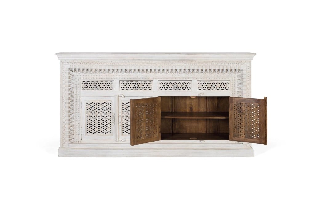 Credenza in massello di mango intagliato Colore: bianco invecchiato