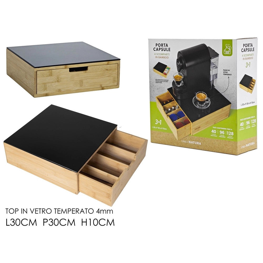 Trade Shop - Portacapsule Bambù Con Cassetto 4 Scomparti Organizzatore Capsule Cialde Caffè Tisane Tè -