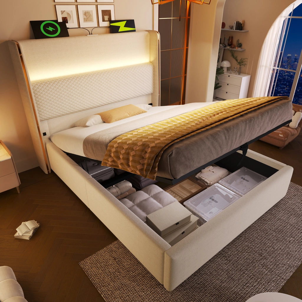 letto idraulico lino beige 90 x 200 cm