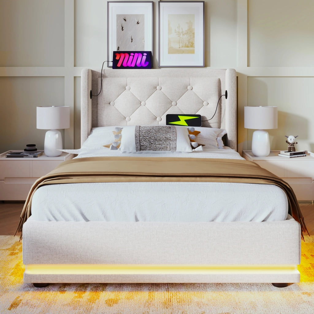 LETTO imbottito 90x200 cm beige in cotone con USB Tipo C, LED e contenitore