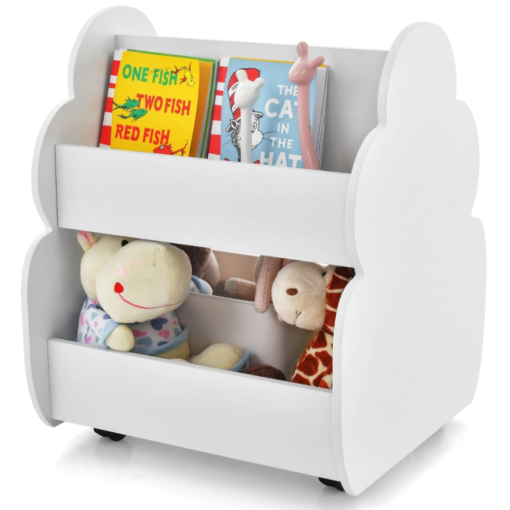 Libreria per bambini a 2 livelli con ruote aspetto adorabile e angoli arrotondati, Libreria bimbi spaziosa Bianco