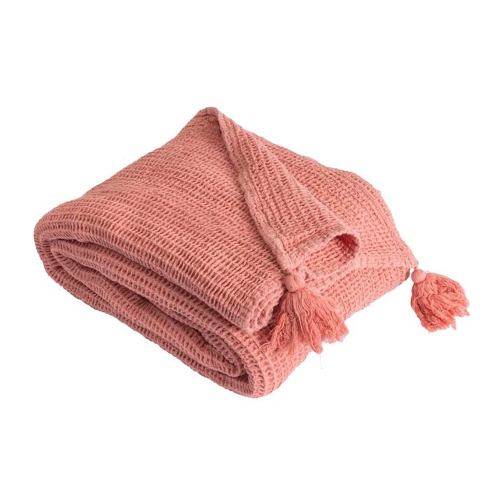 100% cotone plaid rosa salmone con pompon 130x170cm ARNISKA