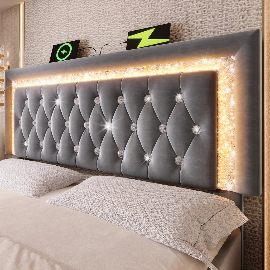 LETTO Contenitore 160x200 cm in velluto grigio con LED e porte USB/USB-C