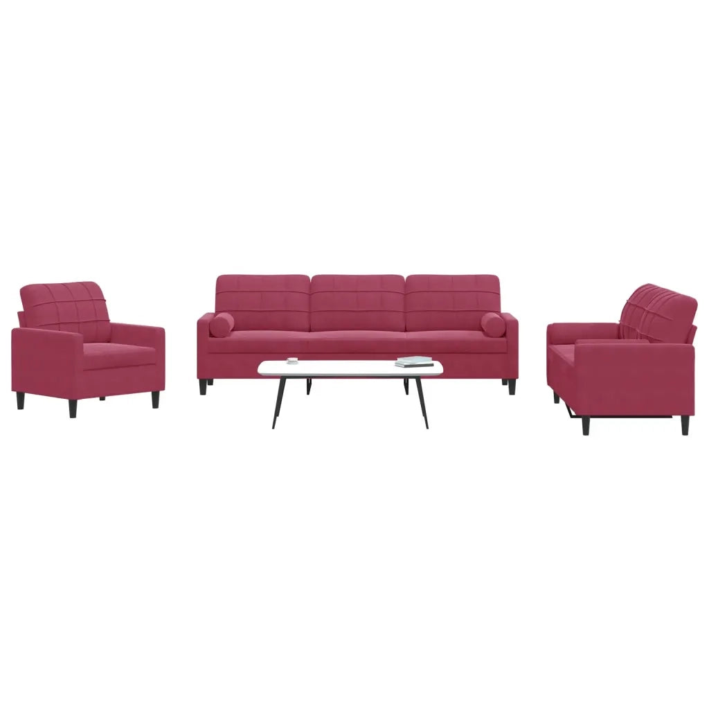 Set di Divani 3 pz con Cuscini e Rinforzi Rosso Vino in Velluto