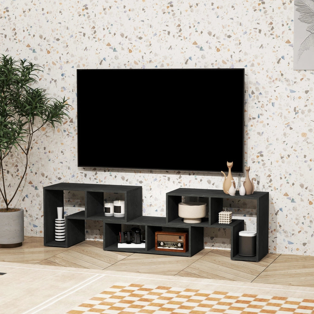 Mobile TV Modulabile 75" Max 134-180x30,5x44 cm con 2 Ripiani a L e Mensola Rettangolare in Legno Nero
