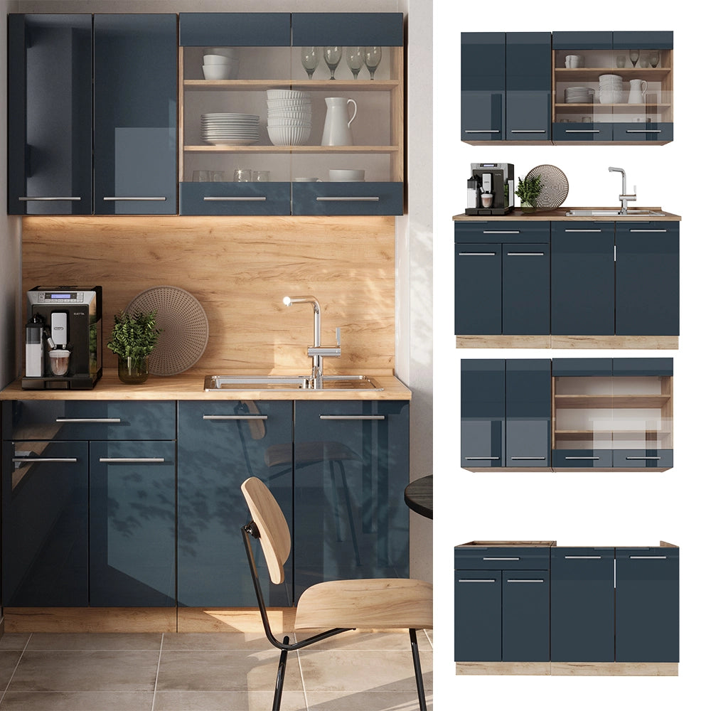 Angolo cottura Fame-Line Blu scuro lucido/Rovere dorato 140 cm senza piano di lavoro Vicco