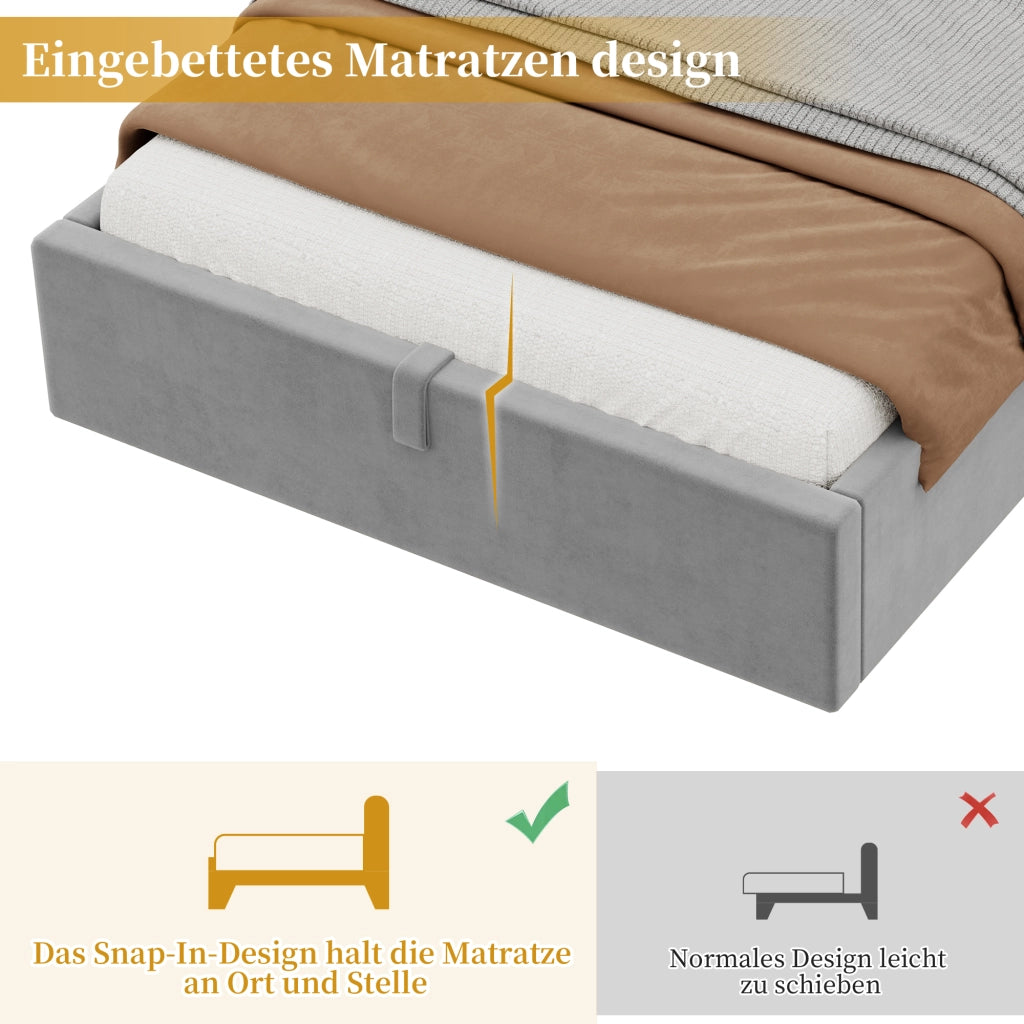 LETTO Contenitore 90x200 cm in velluto grigio con rete a doghe, USB e luce