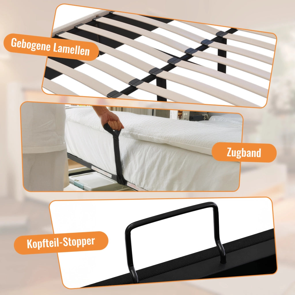 LETTO Contenitore 180x200 cm Beige in Lino con USB e portabicchieri