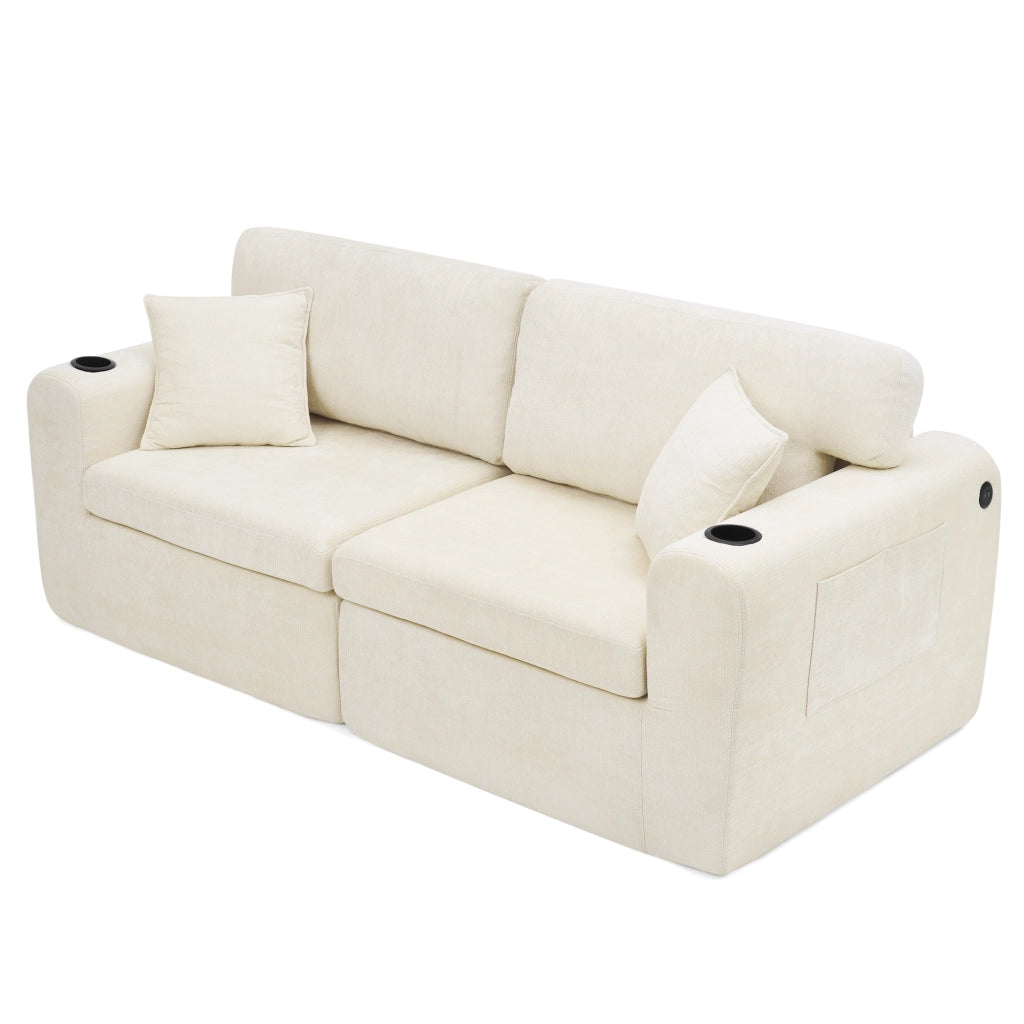 Divano relax 2 Posti con USB, tasca laterale, portabicchieri e cuscini, in Chenille, Beige