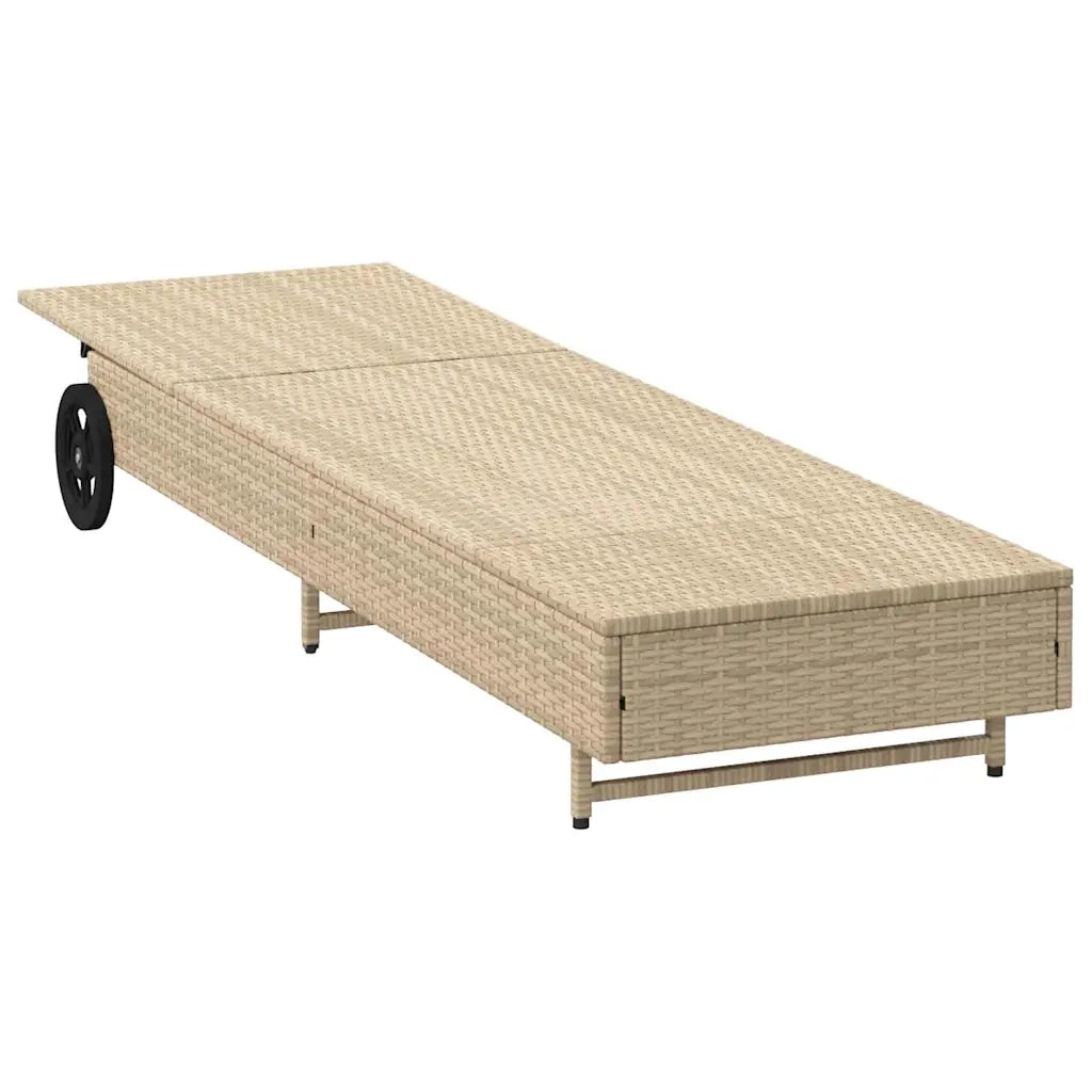 Lettino Prendisole con Ruote e Cuscino in Polyrattan Beige 4104037