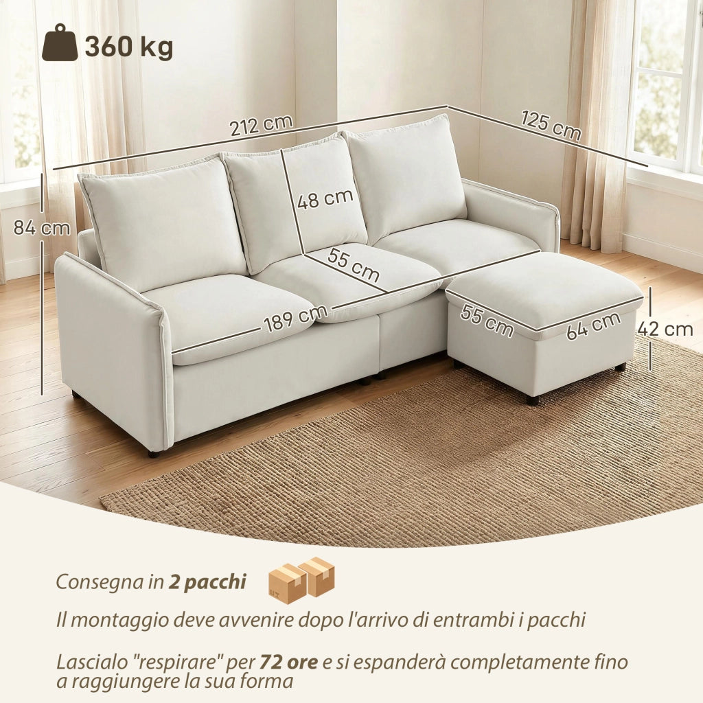 Divano Angolare 3 Posti in Tessuto con Contenitore e Cuscini ¨C Minimal ¨C Crema