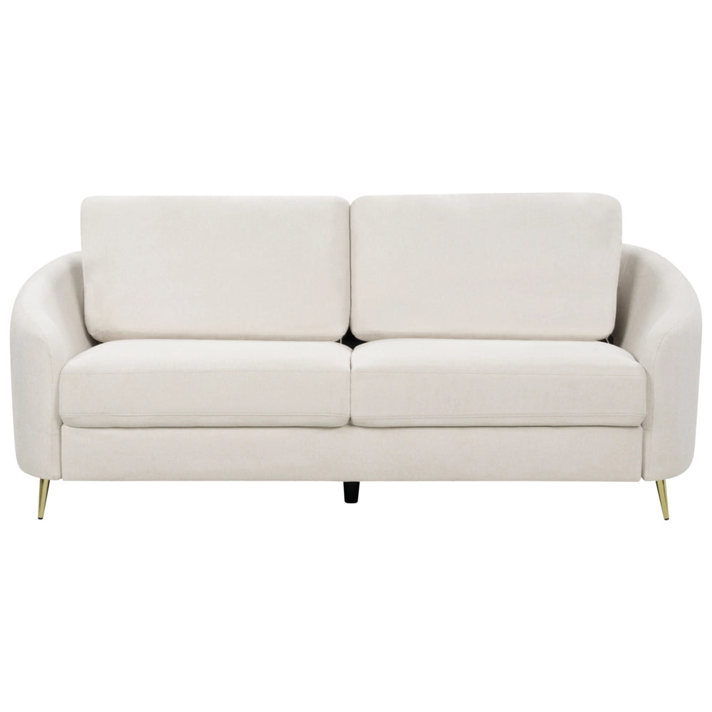 Divano 3 posti in tessuto beige chiaro con piedi dorati curve morbide stile glamour elegante soggiorno