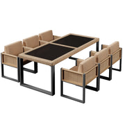 Tavolo da Giardino 7 Pezzi con 6 Poltrone; Mobili da Esterno in Rattan e Tessuto con Schienale Alto e Cuscini Sfoderabili; Marrone