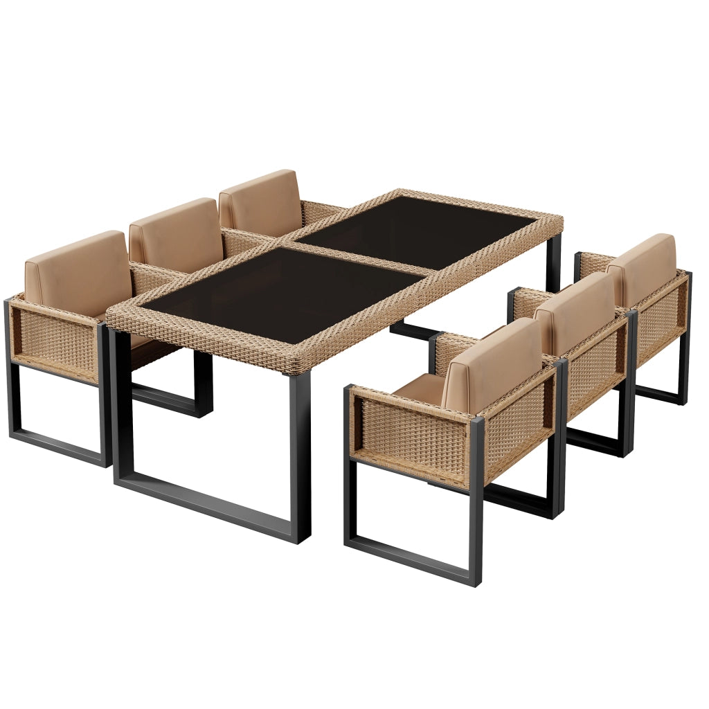 Tavolo da Giardino 7 Pezzi con 6 Poltrone; Mobili da Esterno in Rattan e Tessuto con Schienale Alto e Cuscini Sfoderabili; Marrone