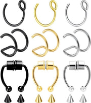Set di 9 anelli di pietra falsa in acciaio inossidabile magnetico con clip per anelli, non perforati.