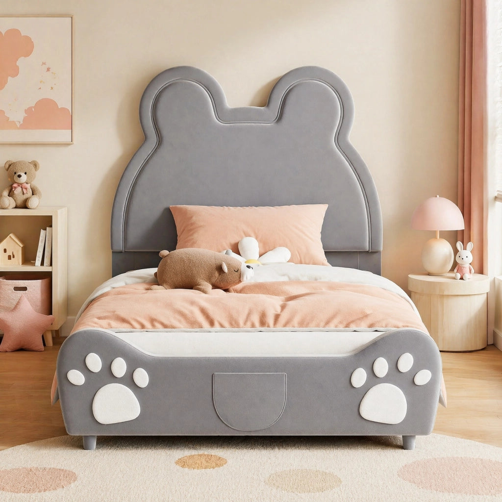 Letto imbottito per bambini a forma di orso, 90 x 200 cm, grigio