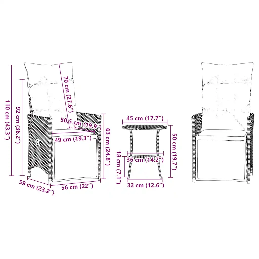 Set da Bistrot 3 pz con Cuscini Grigio in Polyrattan 365677