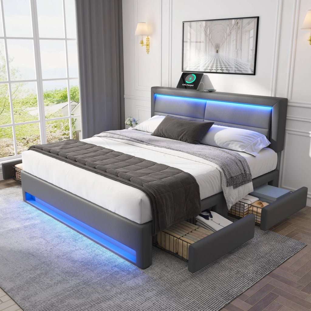 LETTO imbottito 140x200 cm PU grigio con USB, LED e 4 cassetti