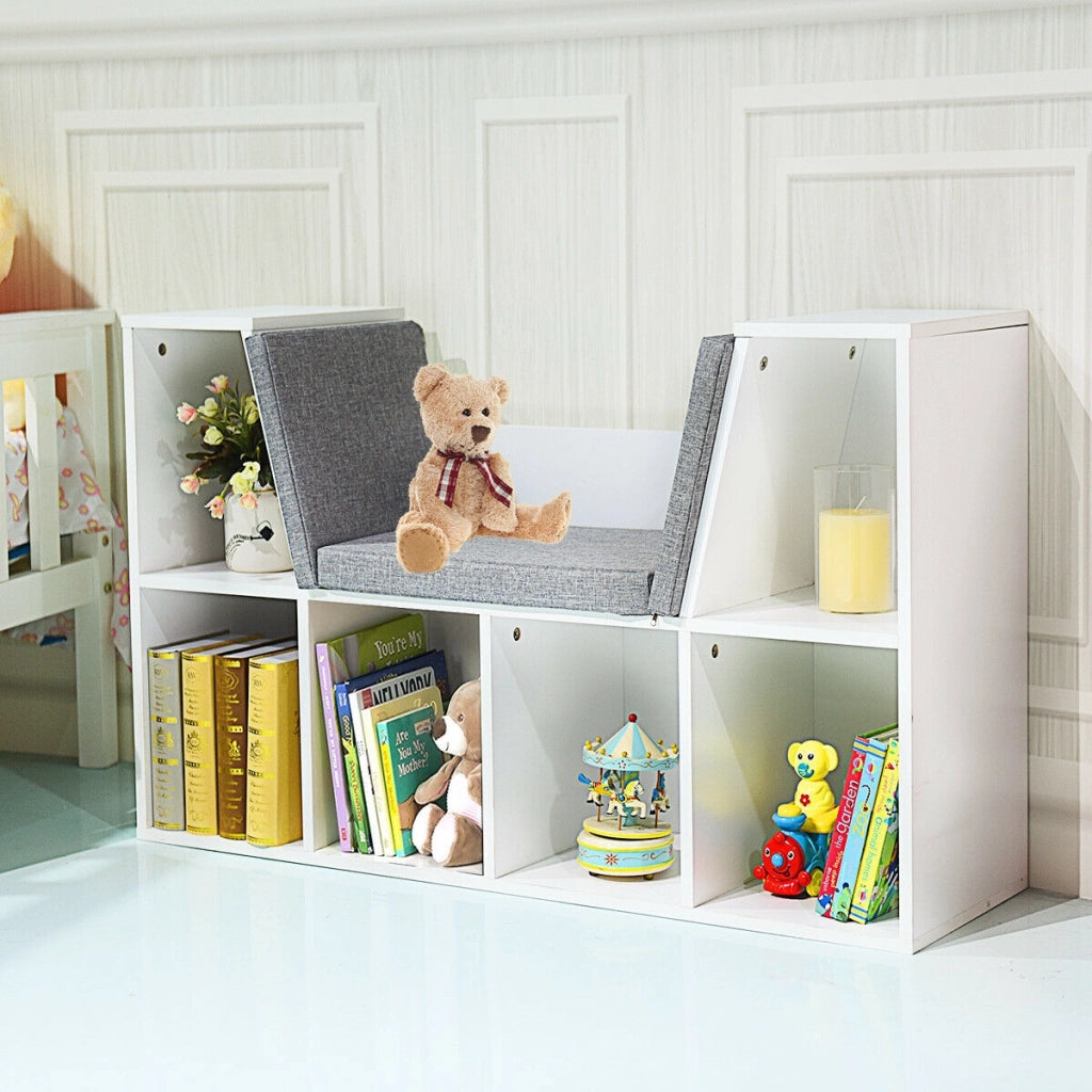 Scaffale per libri in legno Libreria con 6 box scomparti e una sedia per bambini Bianco