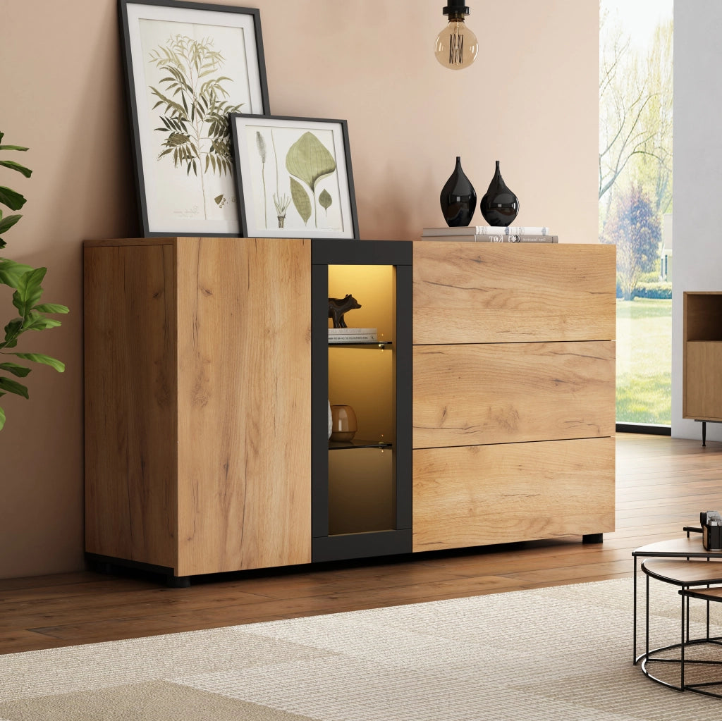 Credenza moderna con LED e controllo APP; 140 x 40 x 80 cm; marrone e nero